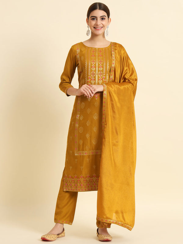 Women Round Neck Gold Zari Woven Fabric Kurta Trouser And Dupatta Set | WOMENSFASHIONFUN