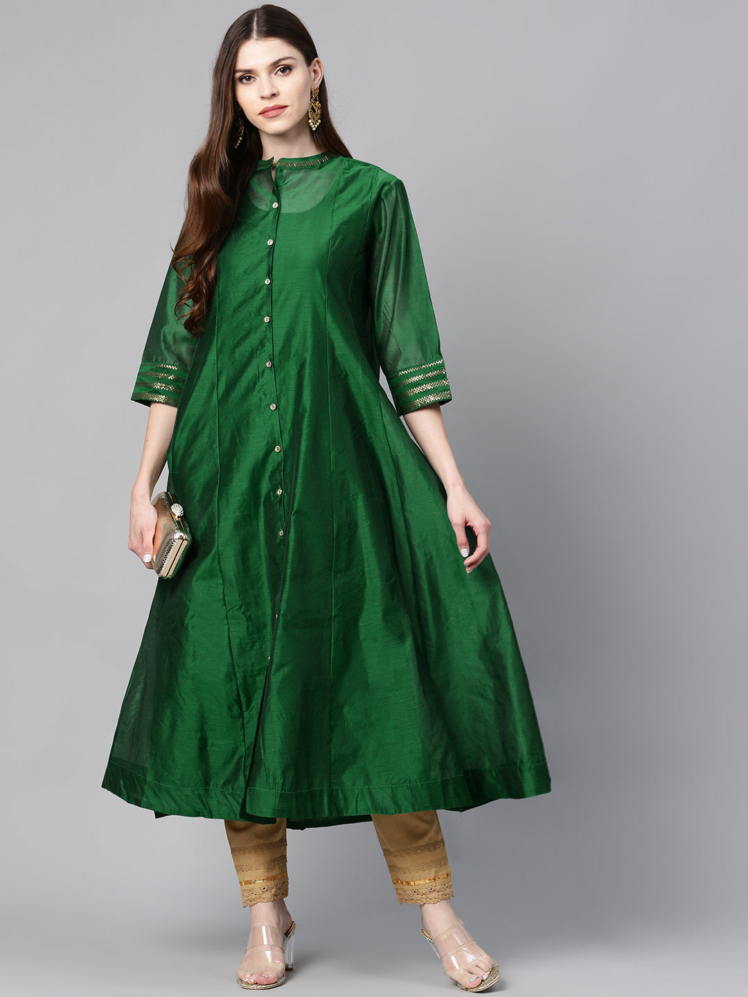 Women Jade Green Chanderi Silk Embellished Kurta