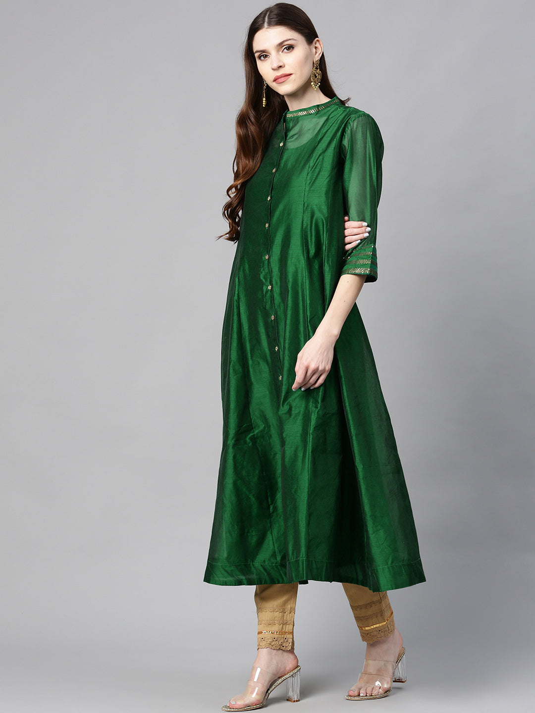 Women Jade Green Chanderi Silk Embellished Kurta