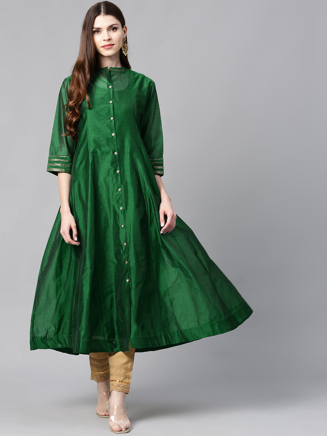 Women Jade Green Chanderi Silk Embellished Kurta