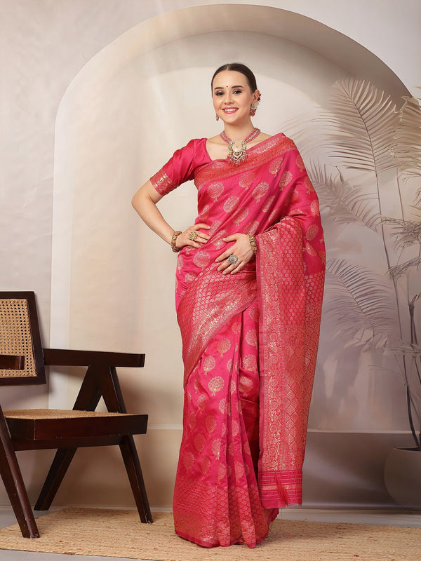 Pink Ethnic Motifs Banarsi Woven Zari Silk Saree