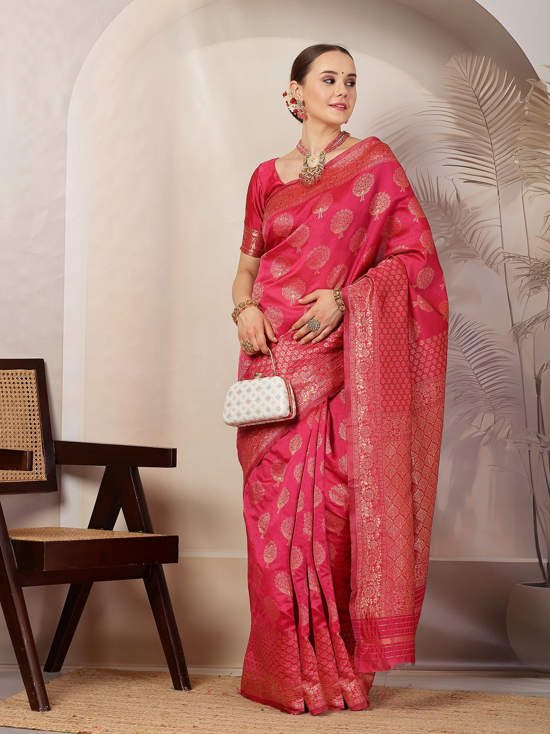 Pink Ethnic Motifs Banarsi Woven Zari Silk Saree