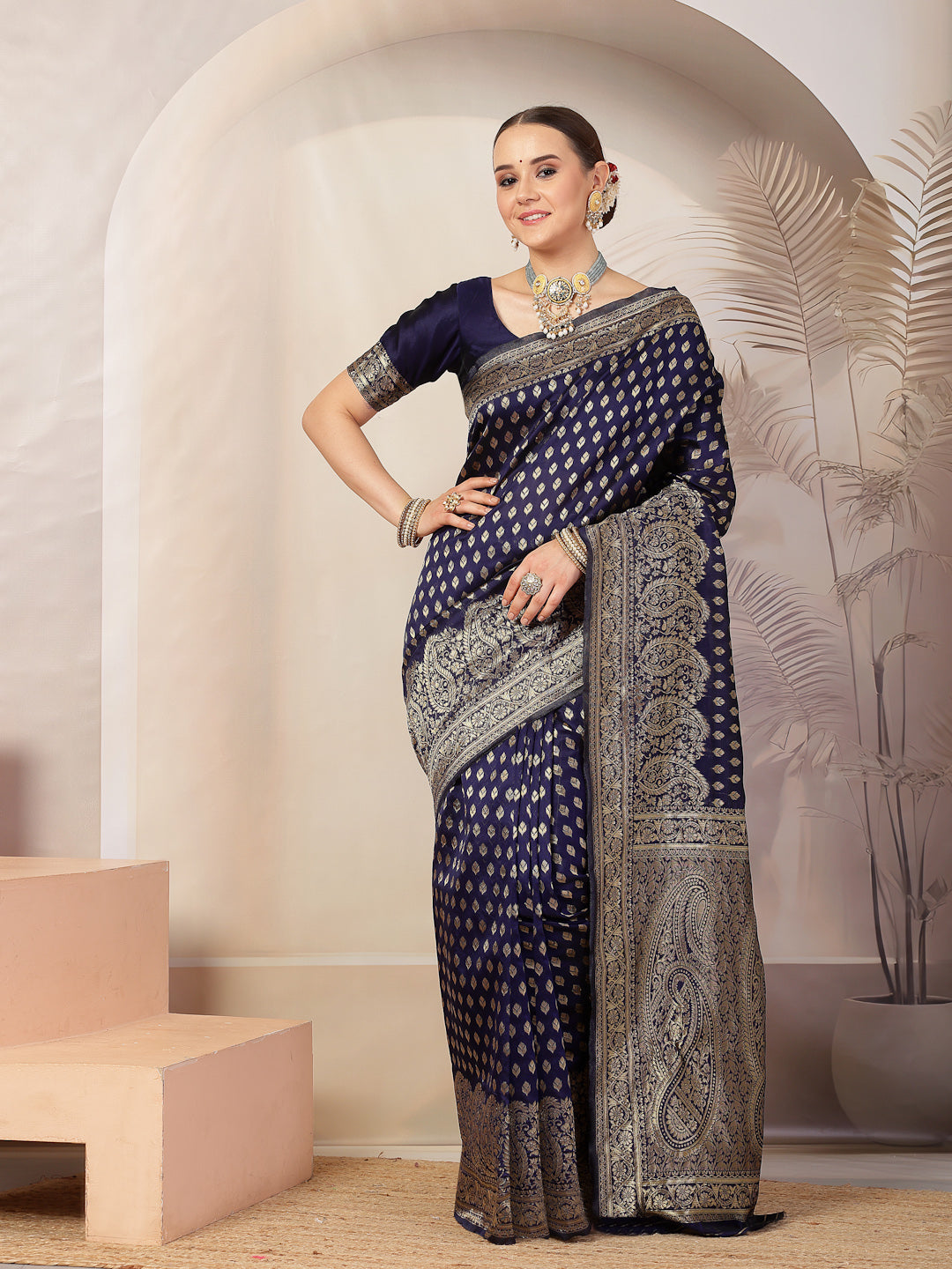 Blue Ethnic Motifs Banarsi Woven Zari Silk Saree