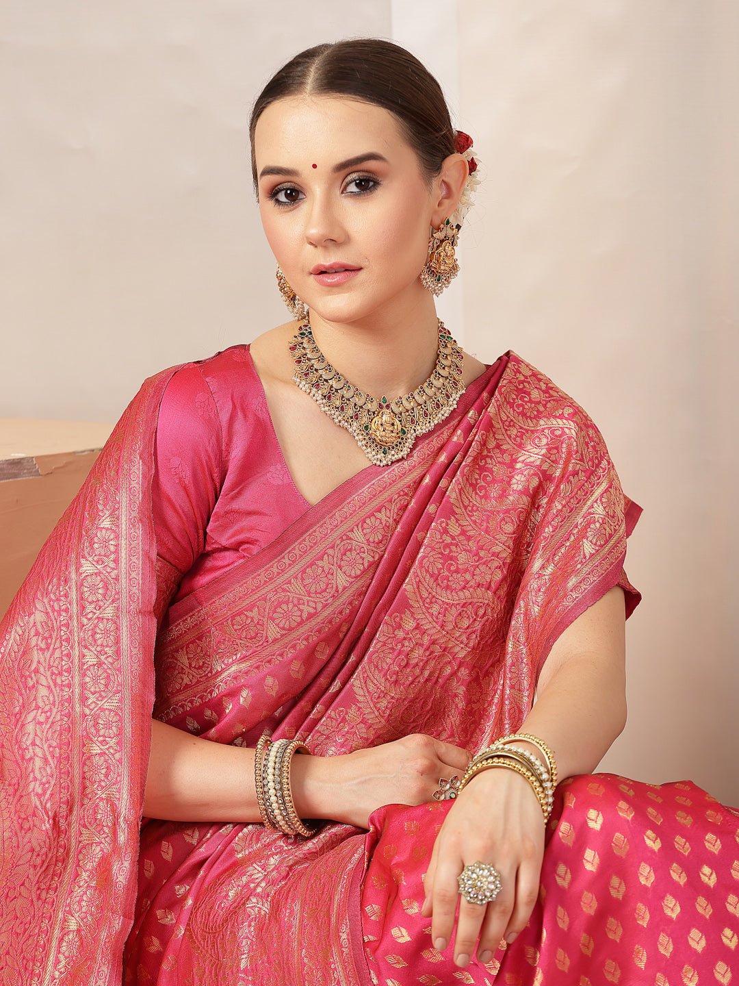 Pink Ethnic Motifs Banarsi Woven Zari Silk Saree