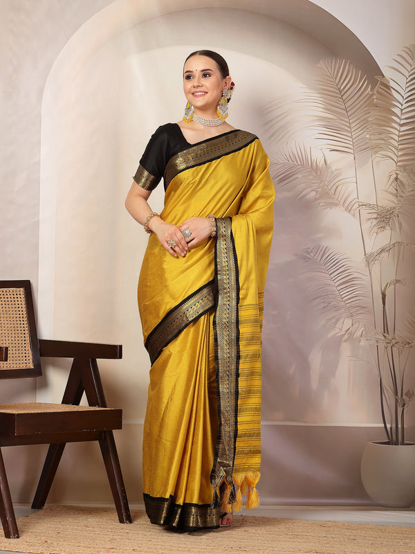 Mustard Solid Traditional Banarsi Zari Border Silk Saree