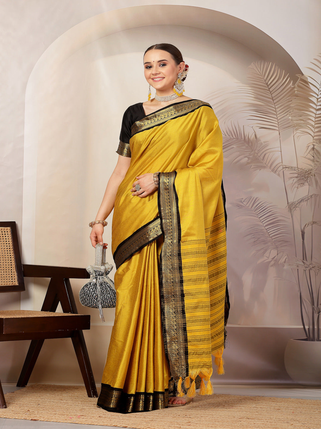 Mustard Solid Traditional Banarsi Zari Border Silk Saree