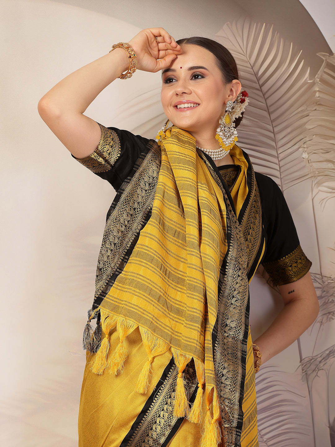 Mustard Solid Traditional Banarsi Zari Border Silk Saree