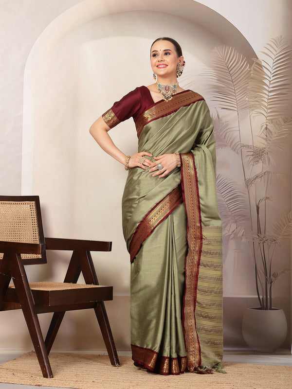 Mehndi Solid Traditional Banarsi Zari Border Silk Saree