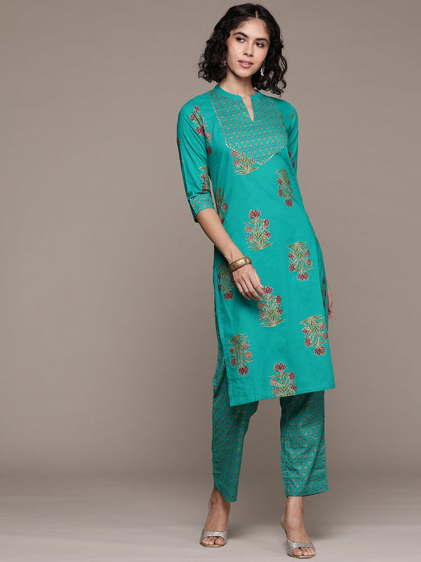 Straight style cotton fabric Sea Green color kurta with Bottom | WomensFashionFun