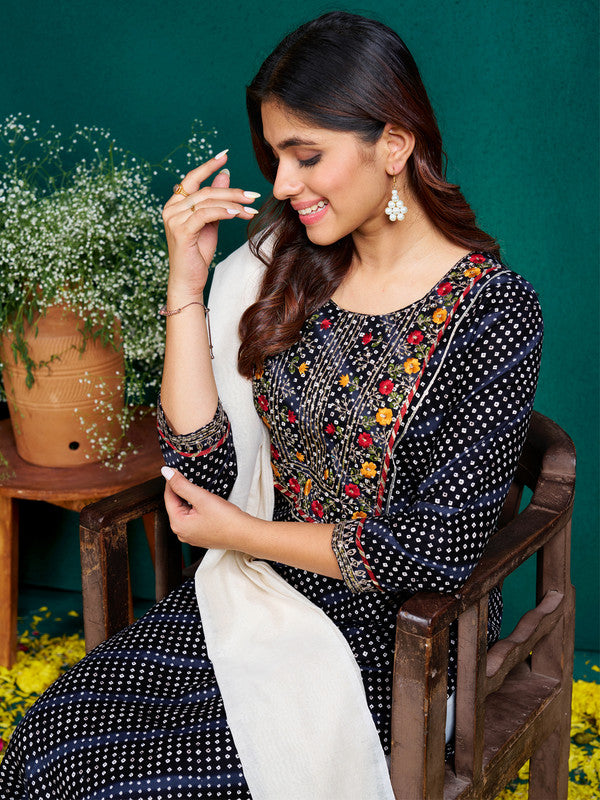 Women's Black Rayon Pinted & Embroidery Kurta Set With Dupatta