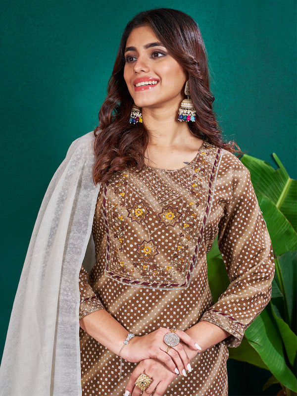 Women's Coffee Rayon Pinted & Embroidery Kurta Set With Dupatta