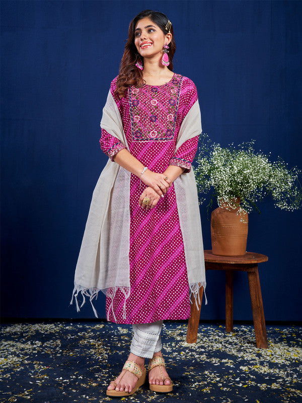 Women's Purple Rayon Pinted & Embroidery Kurta Set With Dupatta