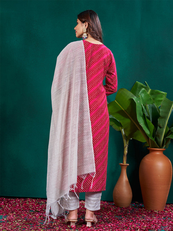 Women's Pink Rayon Pinted & Embroidery Kurta Set With Dupatta