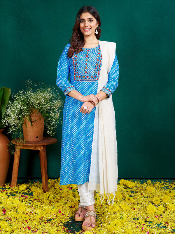 Women's Sky Blue Rayon Pinted & Embroidery Kurta Set With Dupatta