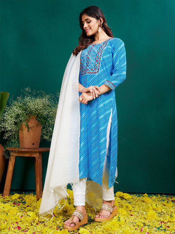 Women's Sky Blue Rayon Pinted & Embroidery Kurta Set With Dupatta