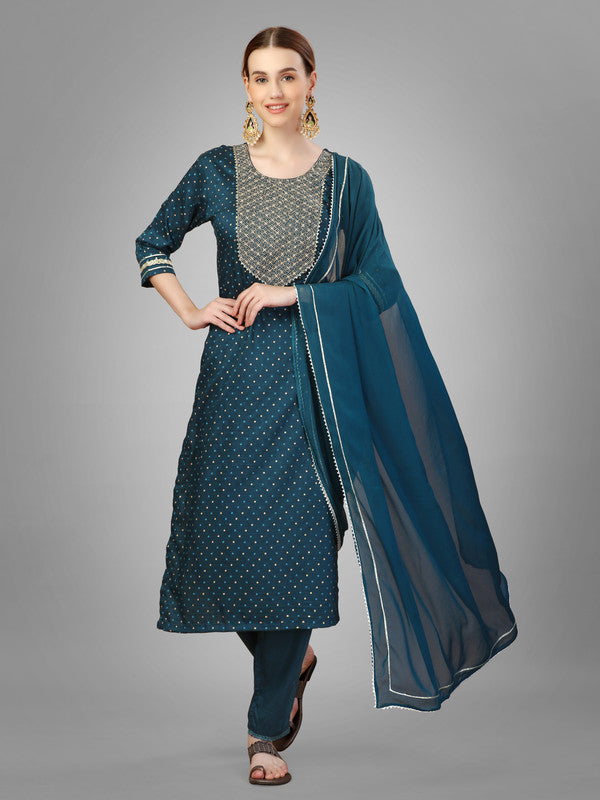 Women Embroidered Silk Blend Kurta Pant Dupatta Set