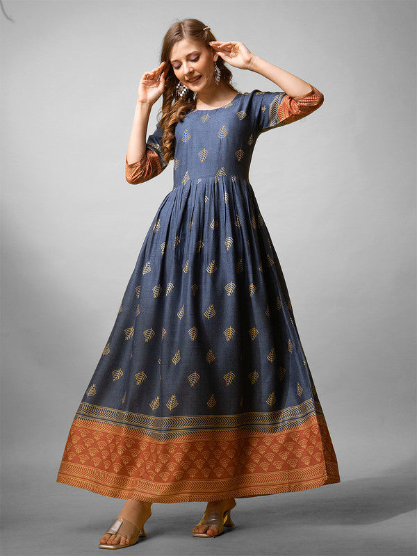 Women's Denim Blue Rayon Fully Stiched Rayon Anarkali Gown