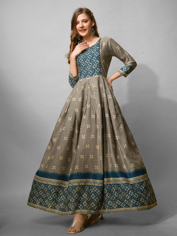 Women's Grey Cotton Blend Fully Stiched Printed Anarkali Gown