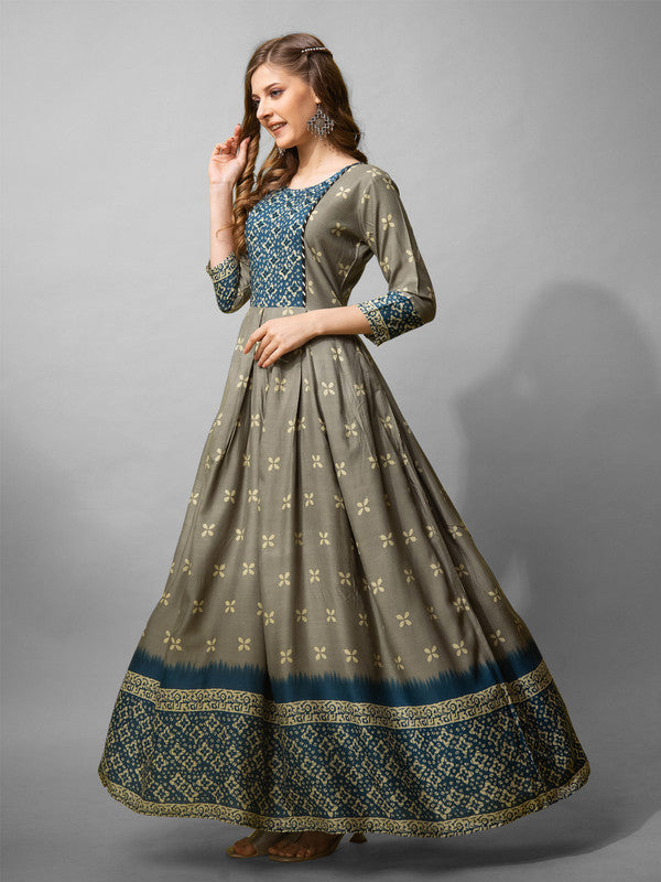 Women's Grey Cotton Blend Fully Stiched Printed Anarkali Gown