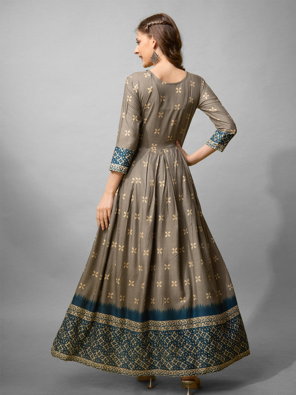 Women's Grey Cotton Blend Fully Stiched Printed Anarkali Gown