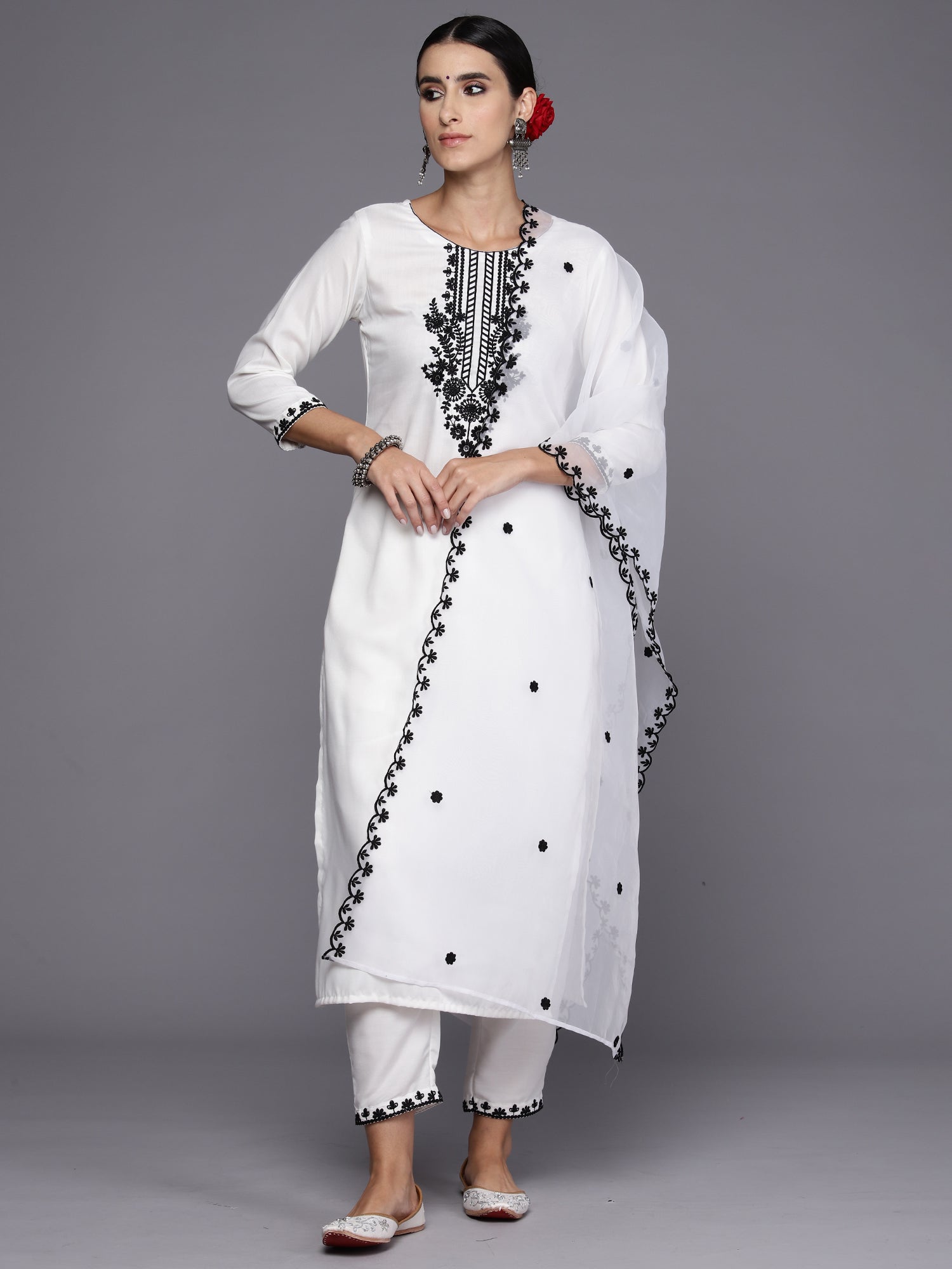 Women White Embroidered Straight Kurta Trousers With Dupatta Set WomensFashionFun