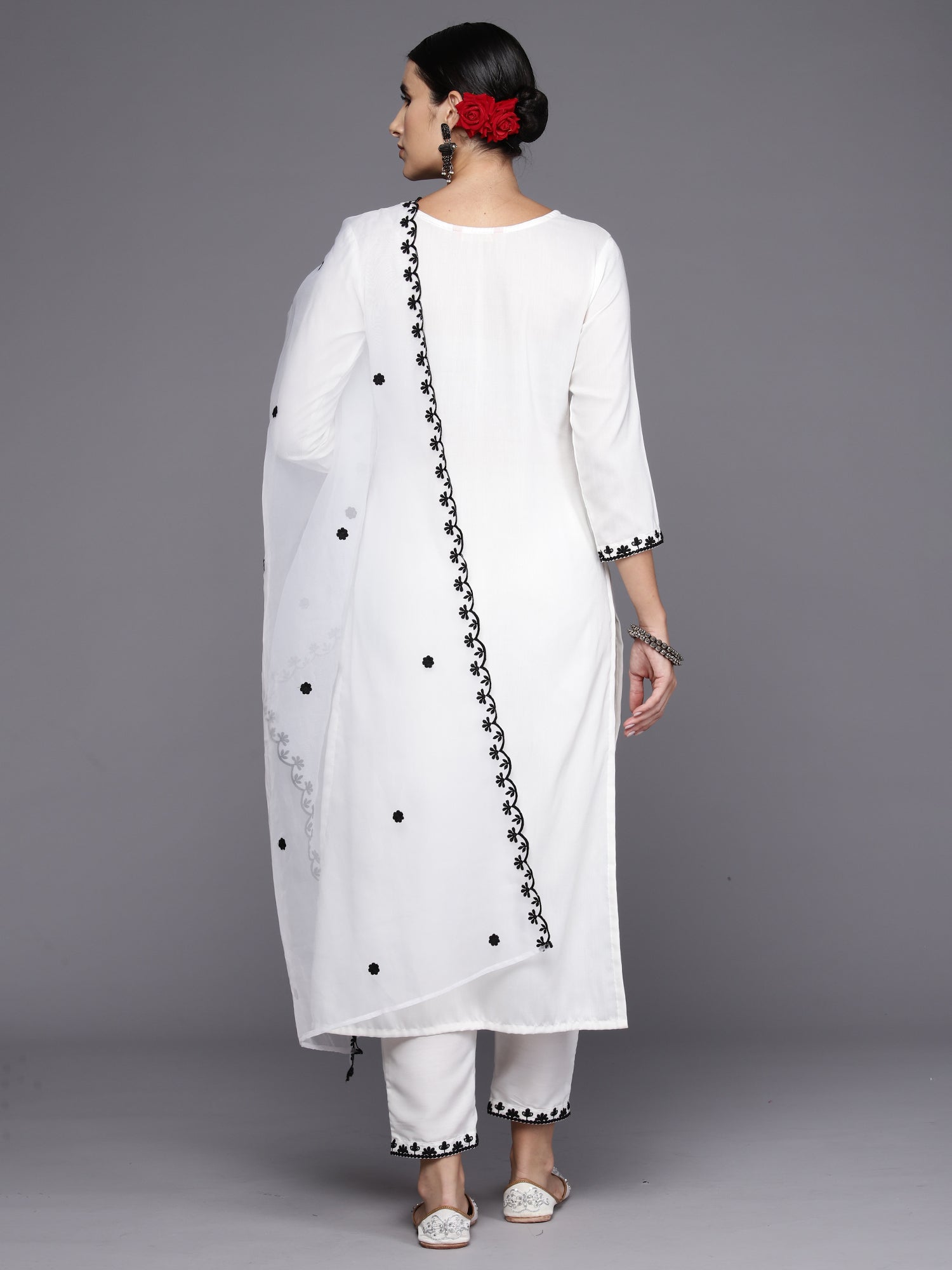 Women White Embroidered Straight Kurta Trousers With Dupatta Set WomensFashionFun