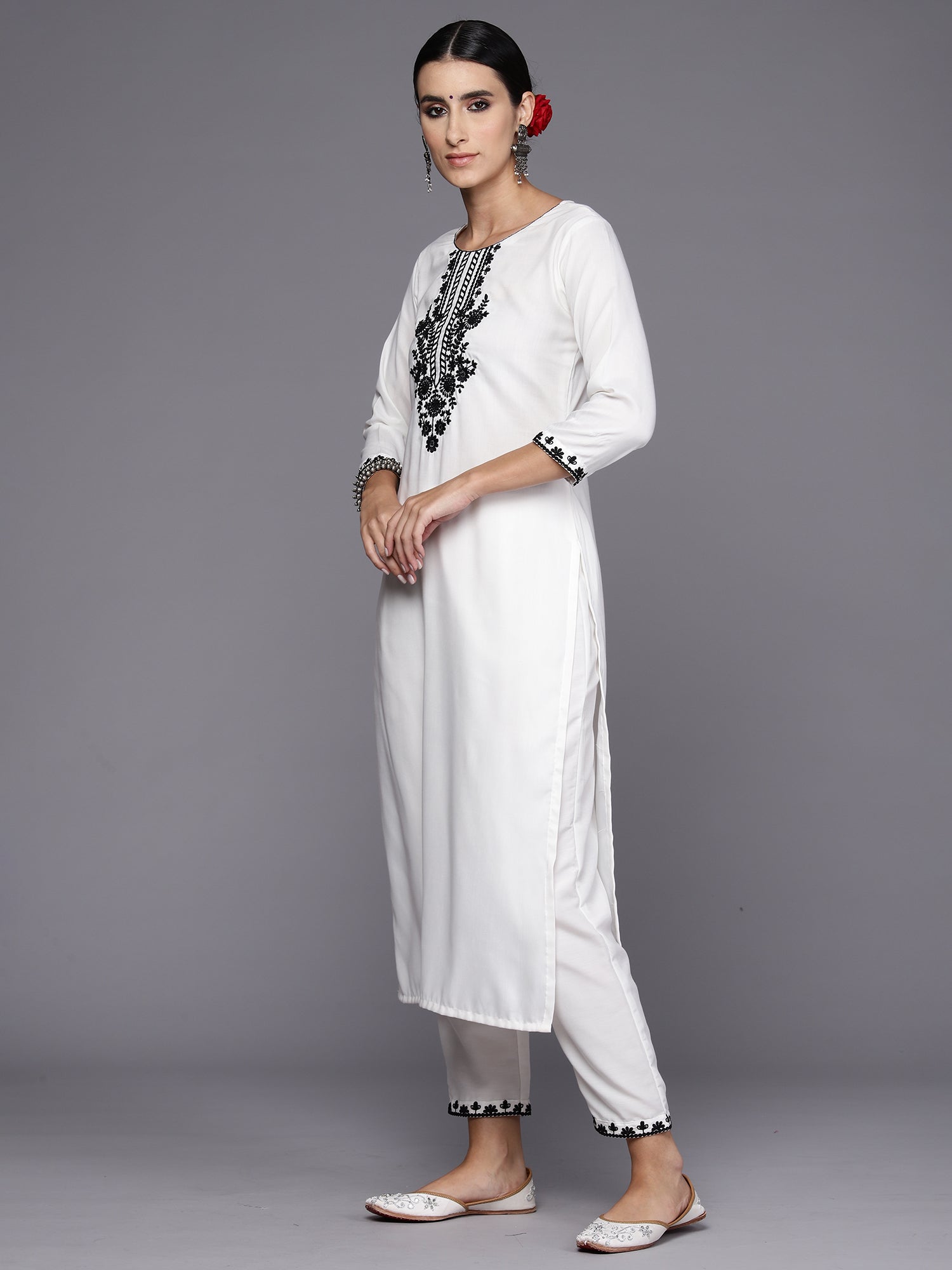 Women White Embroidered Straight Kurta Trousers With Dupatta Set WomensFashionFun