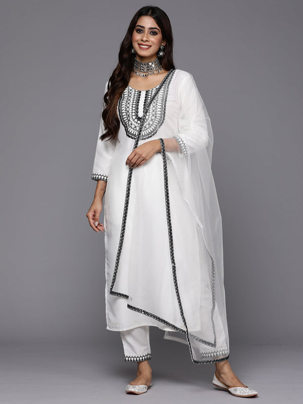 Women White Embroidered Straight Kurta Trousers With Dupatta Set WomensFashionFun