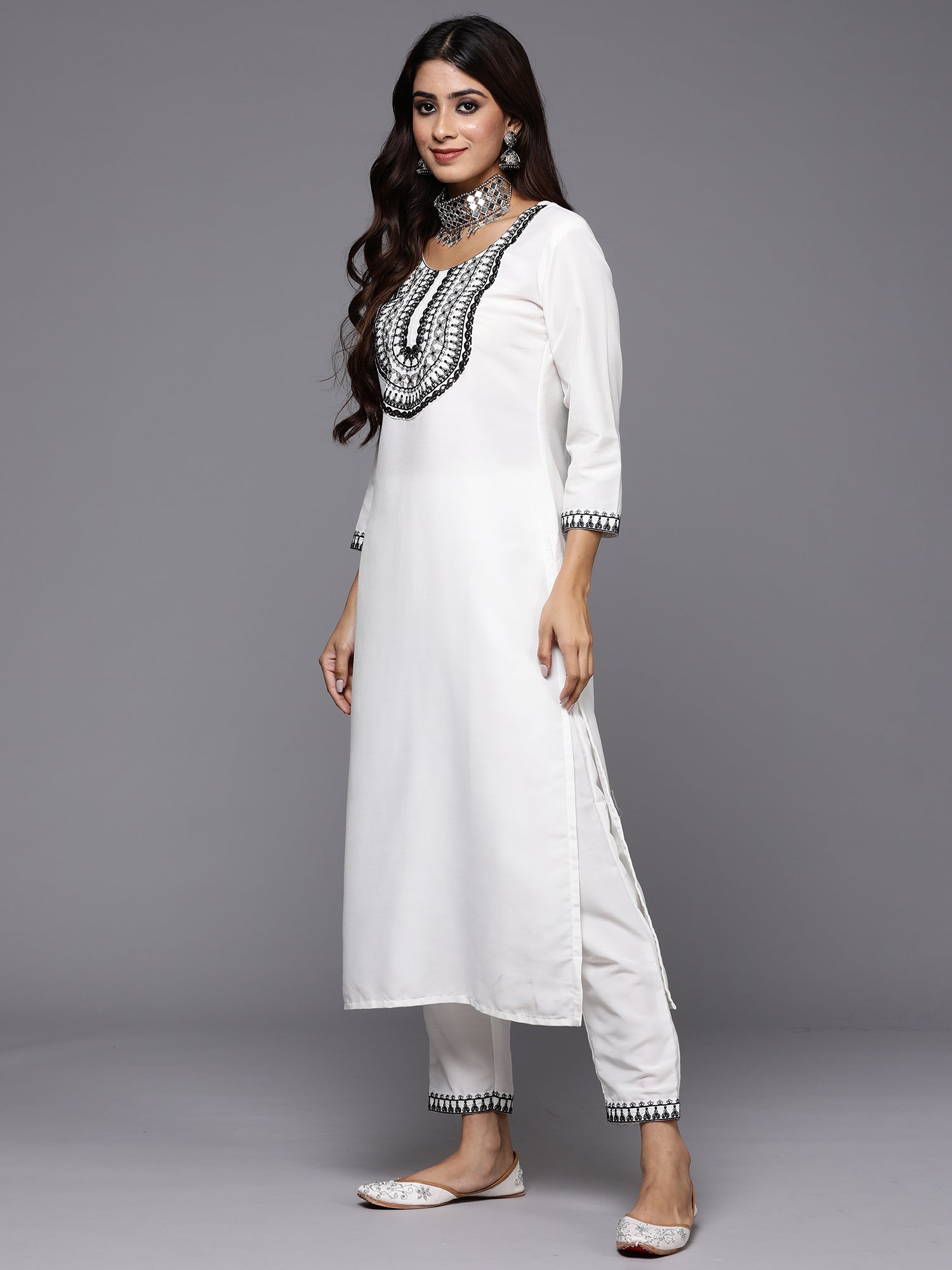 Women White Embroidered Straight Kurta Trousers With Dupatta Set WomensFashionFun