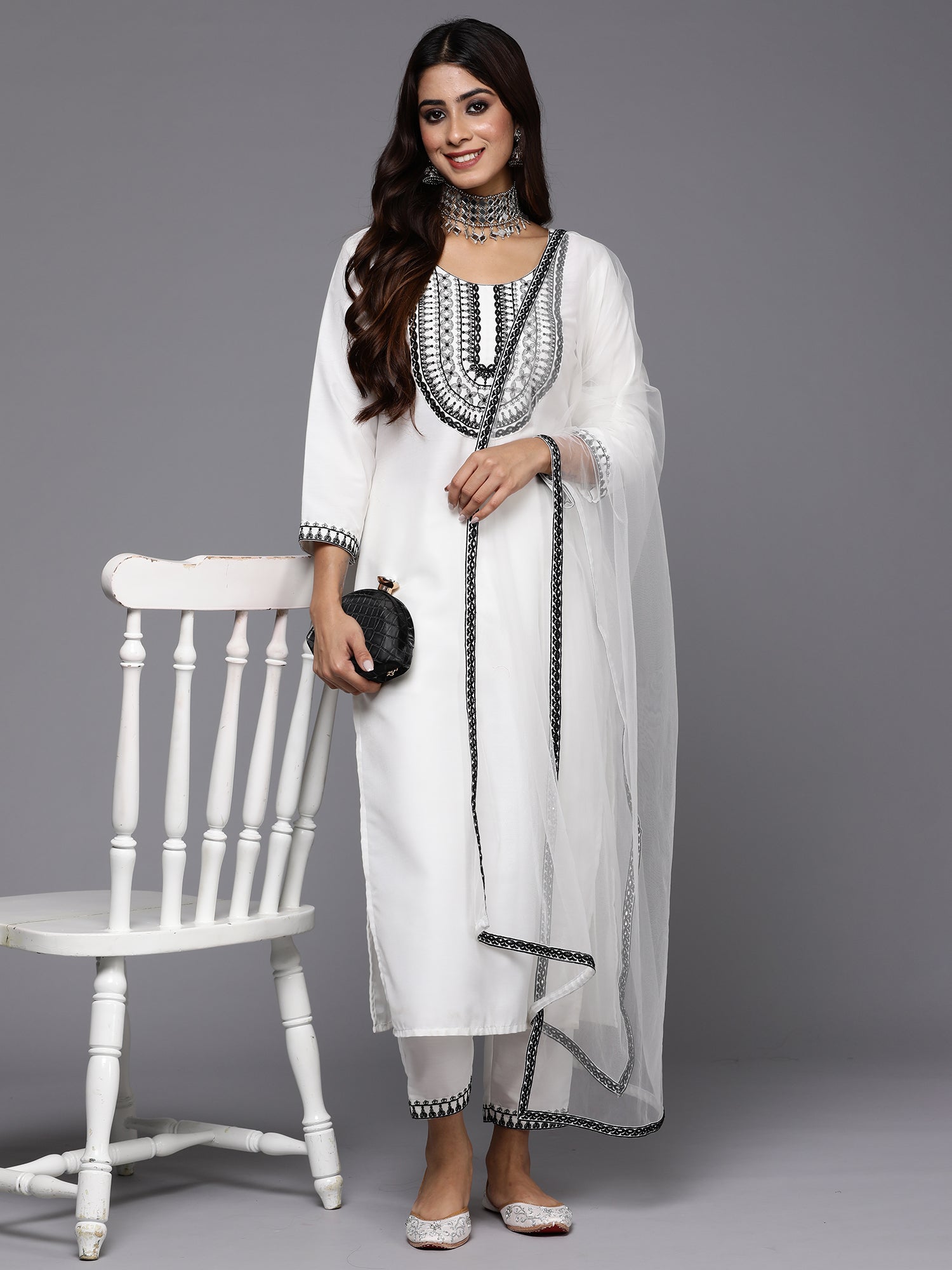 Women White Embroidered Straight Kurta Trousers With Dupatta Set WomensFashionFun