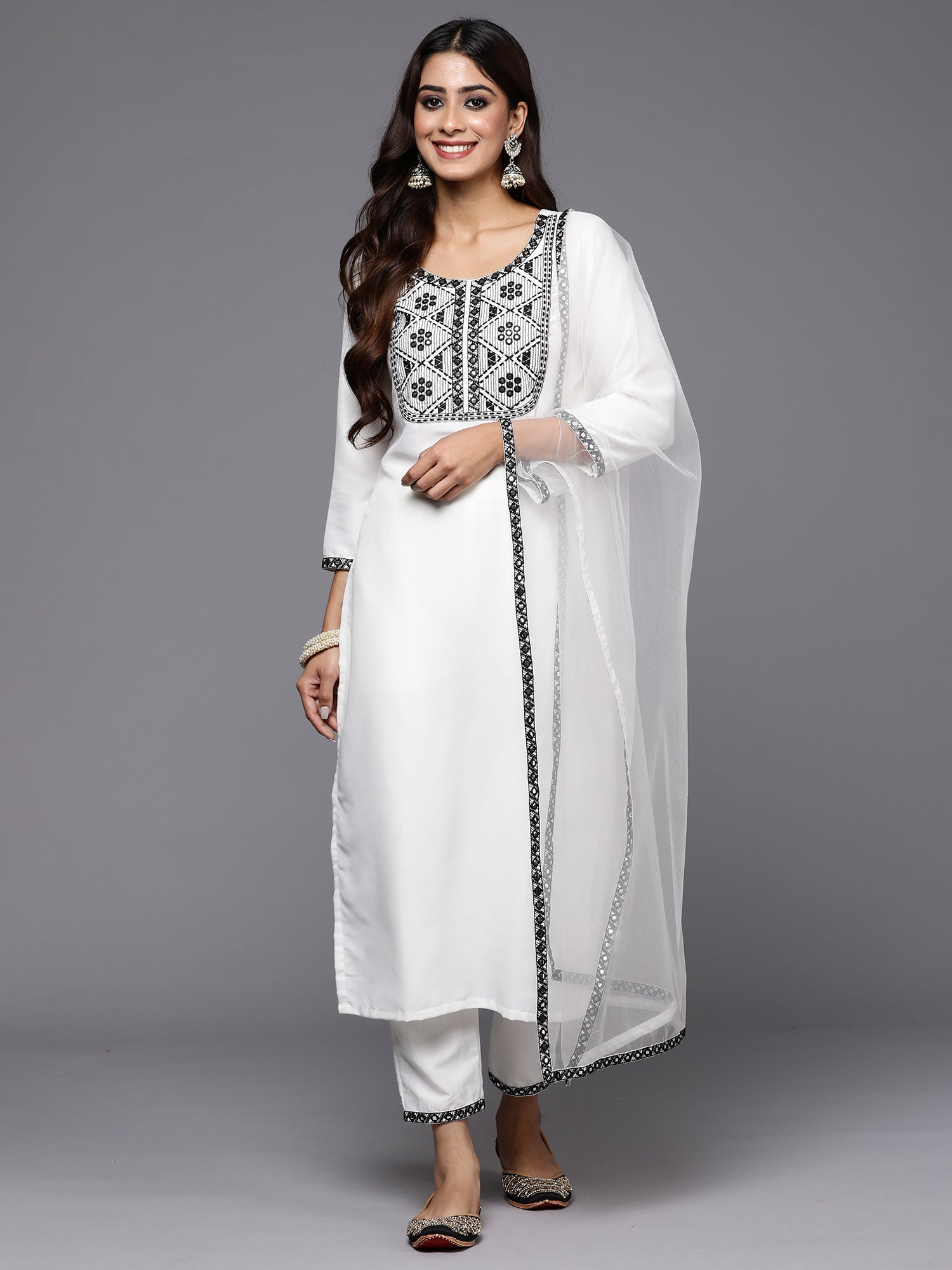 Women White Embroidered Straight Kurta Trousers With Dupatta Set WomensFashionFun