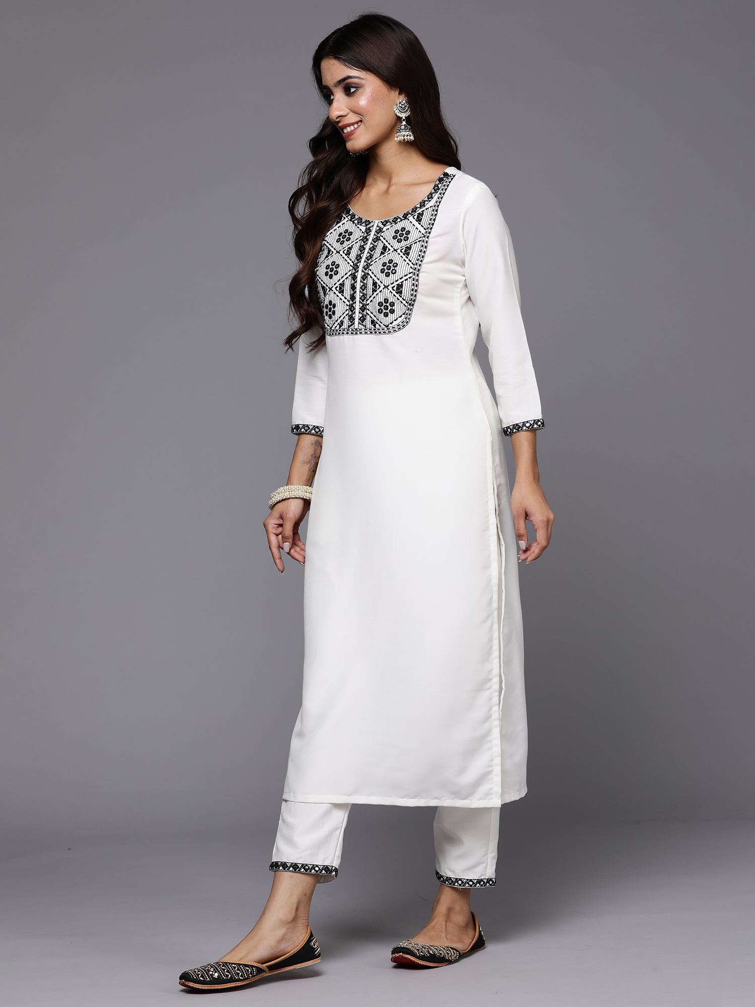 Women White Embroidered Straight Kurta Trousers With Dupatta Set WomensFashionFun