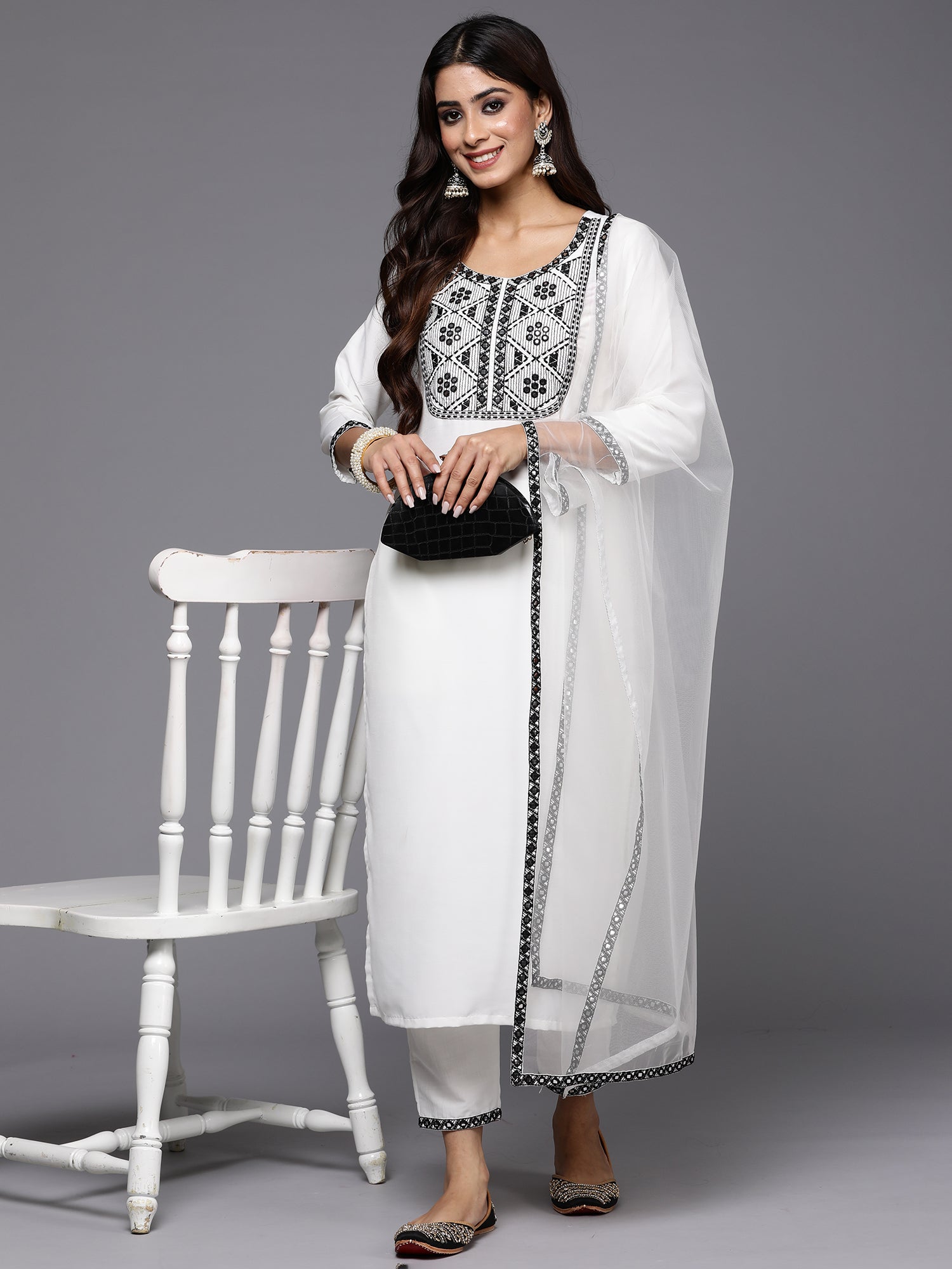 Women White Embroidered Straight Kurta Trousers With Dupatta Set WomensFashionFun