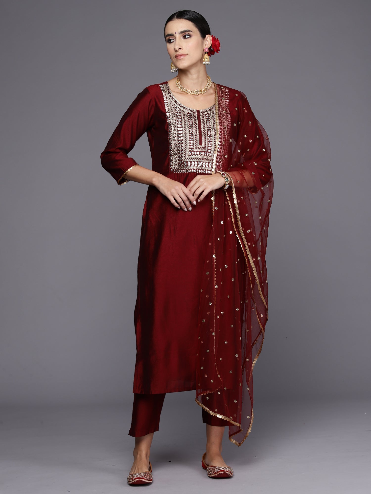 Women Maroon Embroidered Straight Kurta Trousers With Dupatta Set WomensFashionFun