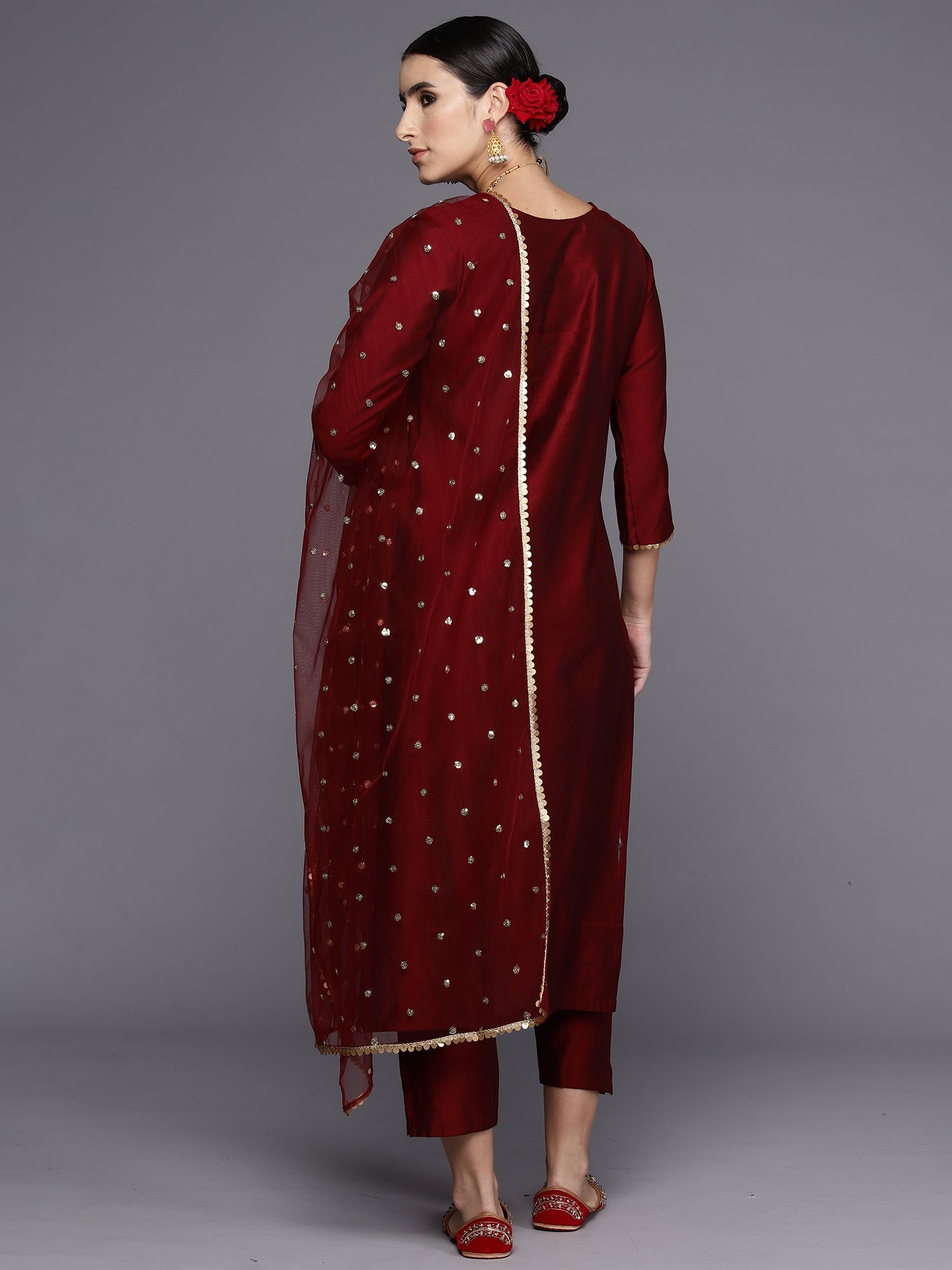 Women Maroon Embroidered Straight Kurta Trousers With Dupatta Set WomensFashionFun