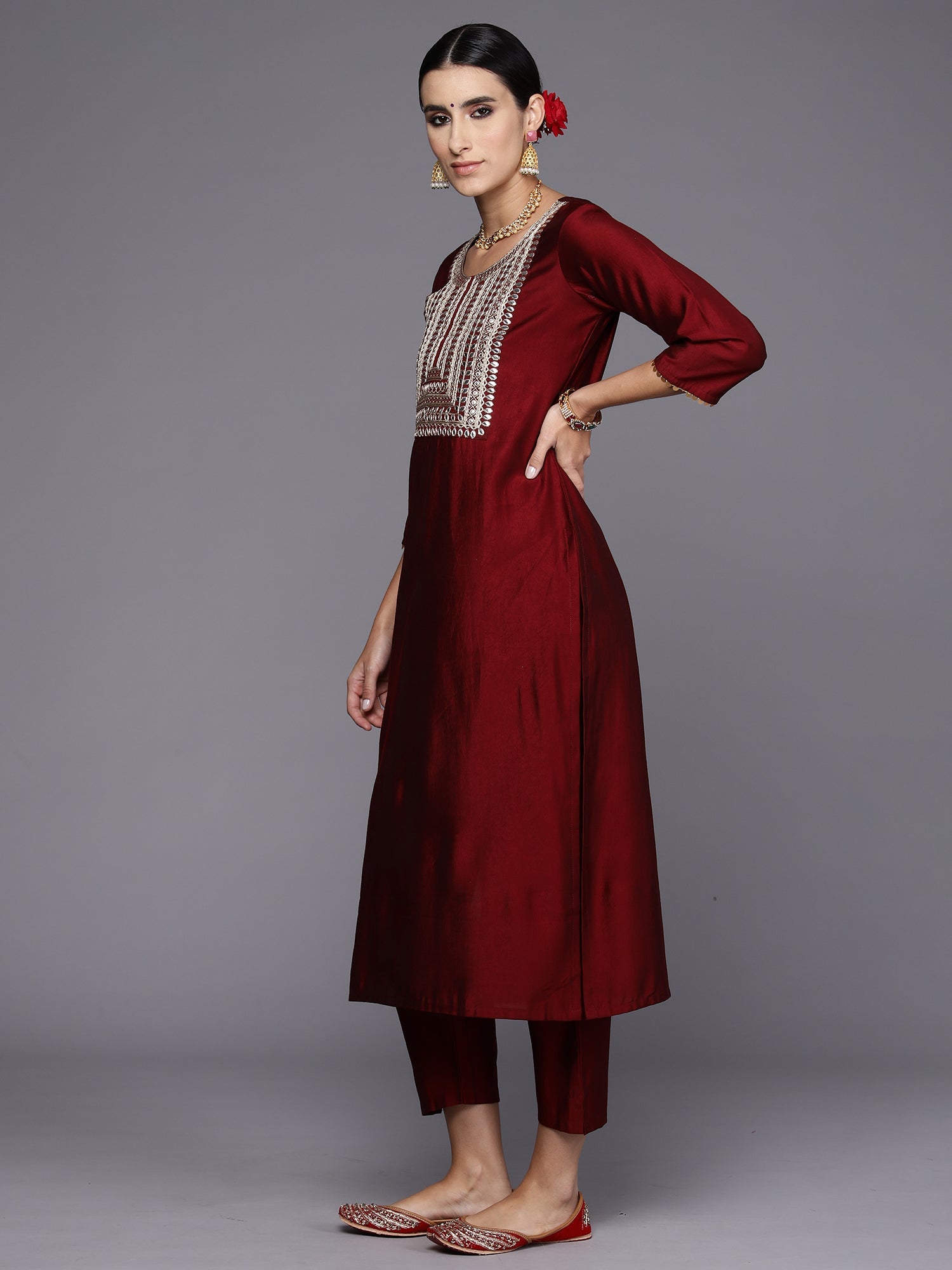 Women Maroon Embroidered Straight Kurta Trousers With Dupatta Set WomensFashionFun