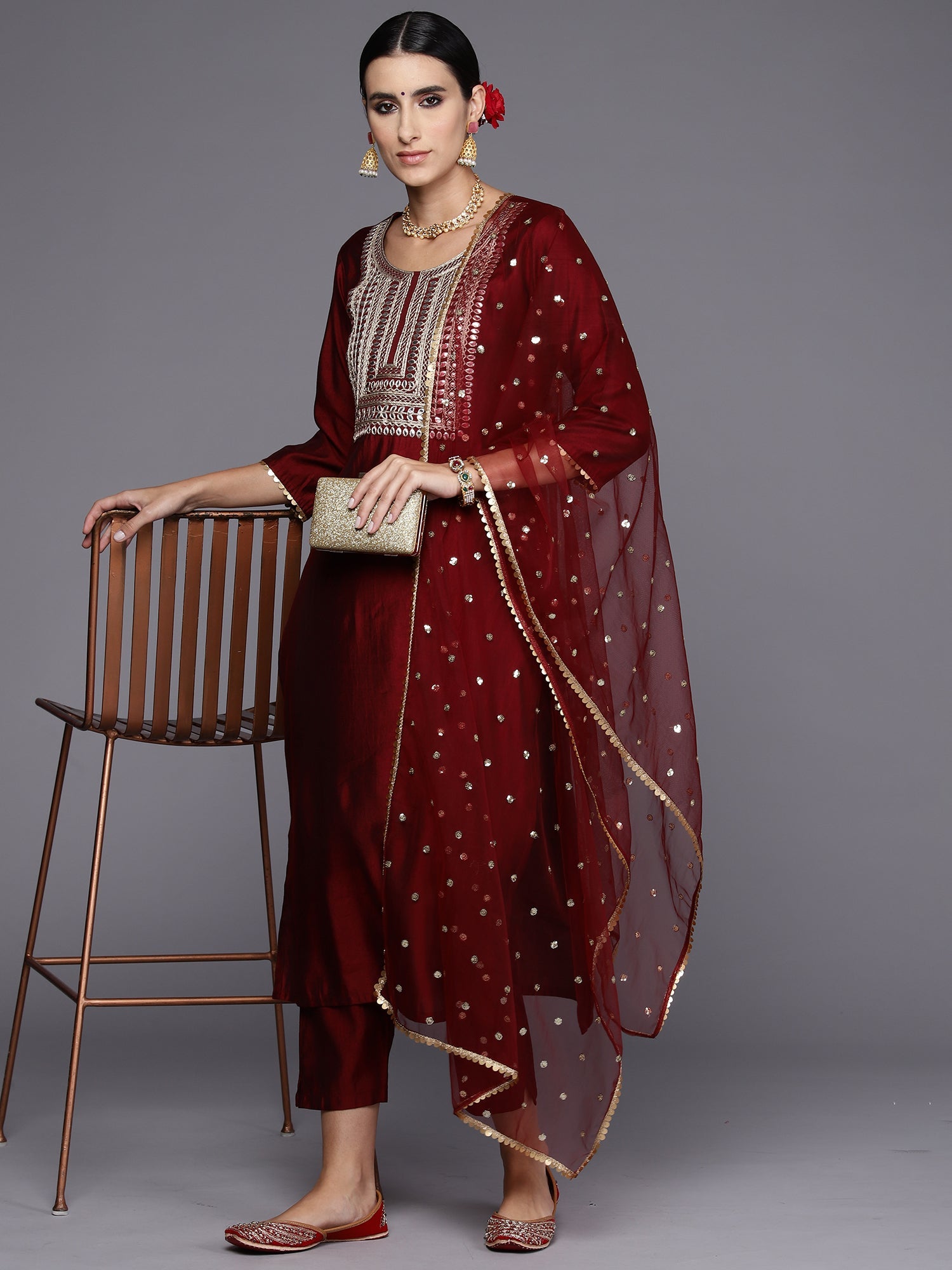 Women Maroon Embroidered Straight Kurta Trousers With Dupatta Set WomensFashionFun