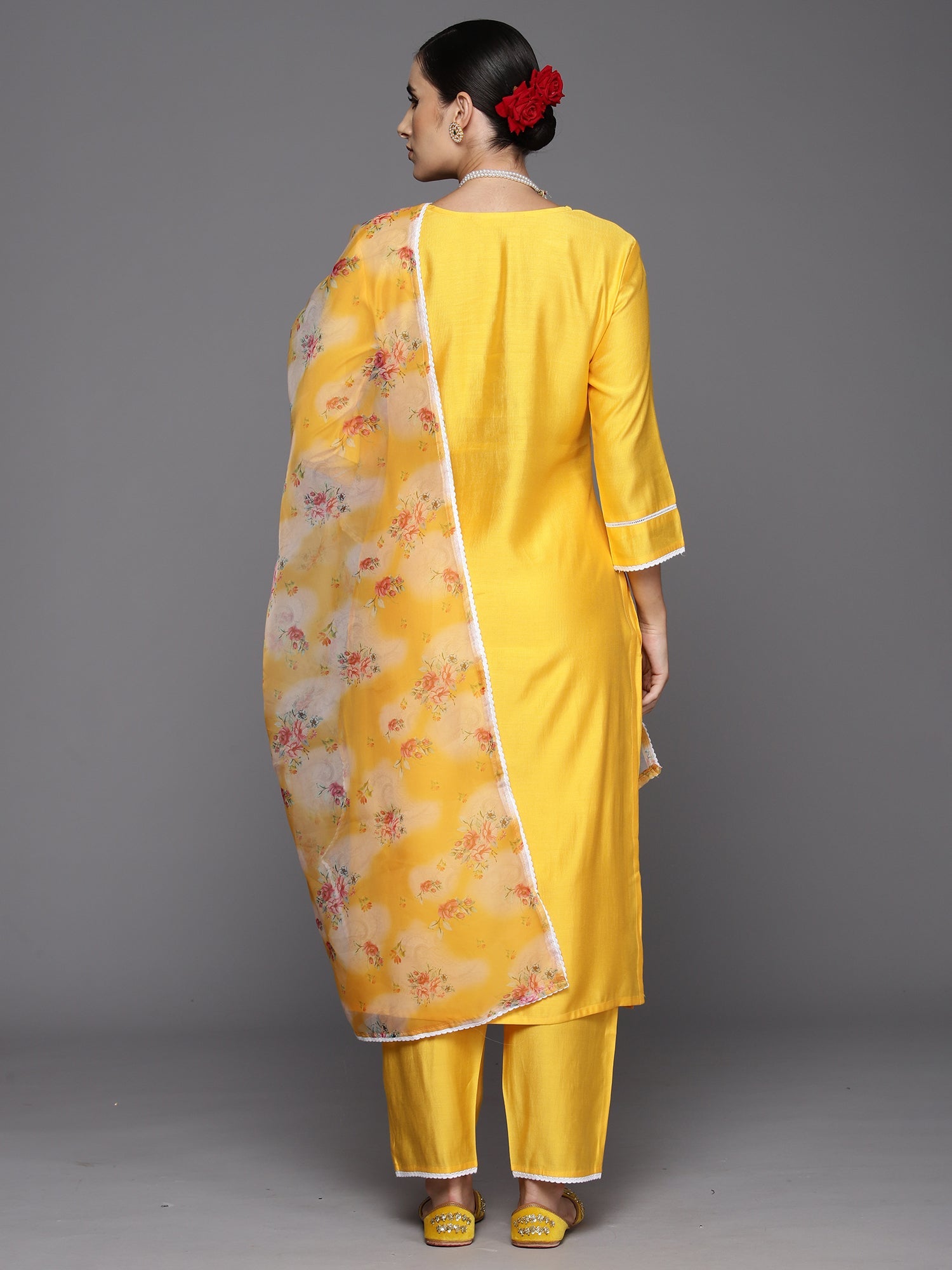 Women Yellow Embroidered Straight Kurta Trousers With Dupatta Set WomensFashionFun