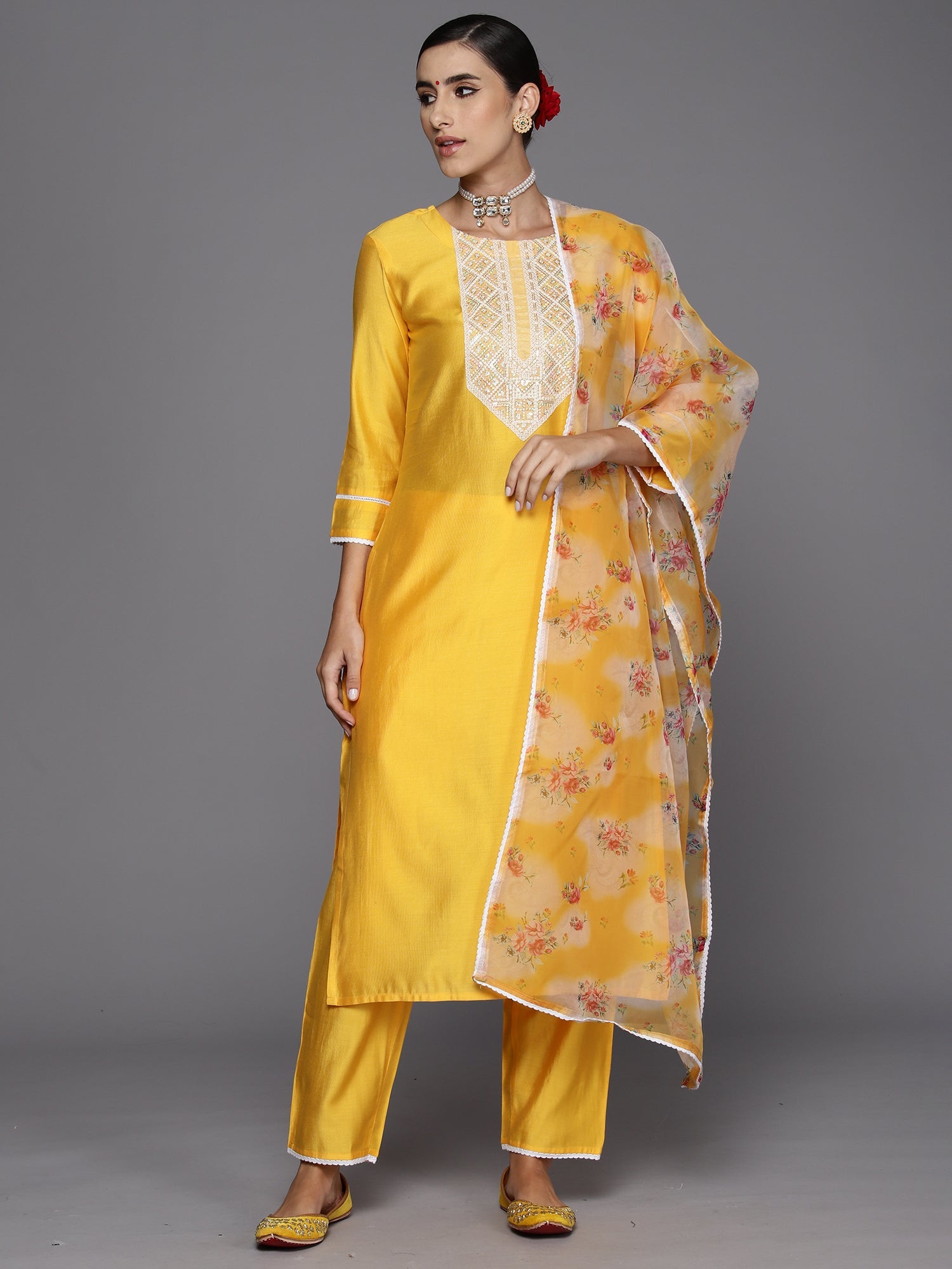 Women Yellow Embroidered Straight Kurta Trousers With Dupatta Set WomensFashionFun