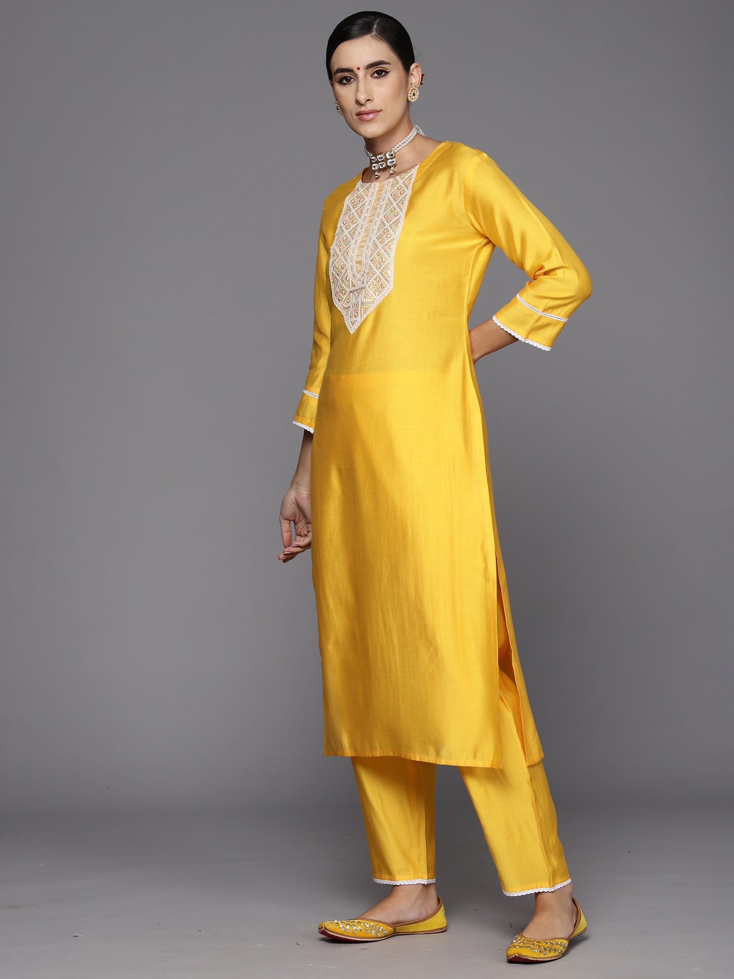 Women Yellow Embroidered Straight Kurta Trousers With Dupatta Set WomensFashionFun