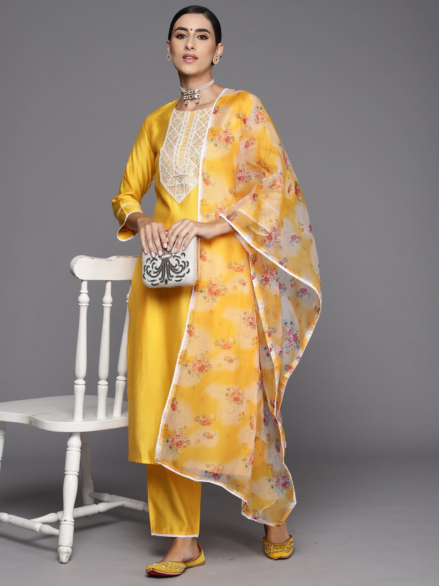 Women Yellow Embroidered Straight Kurta Trousers With Dupatta Set WomensFashionFun