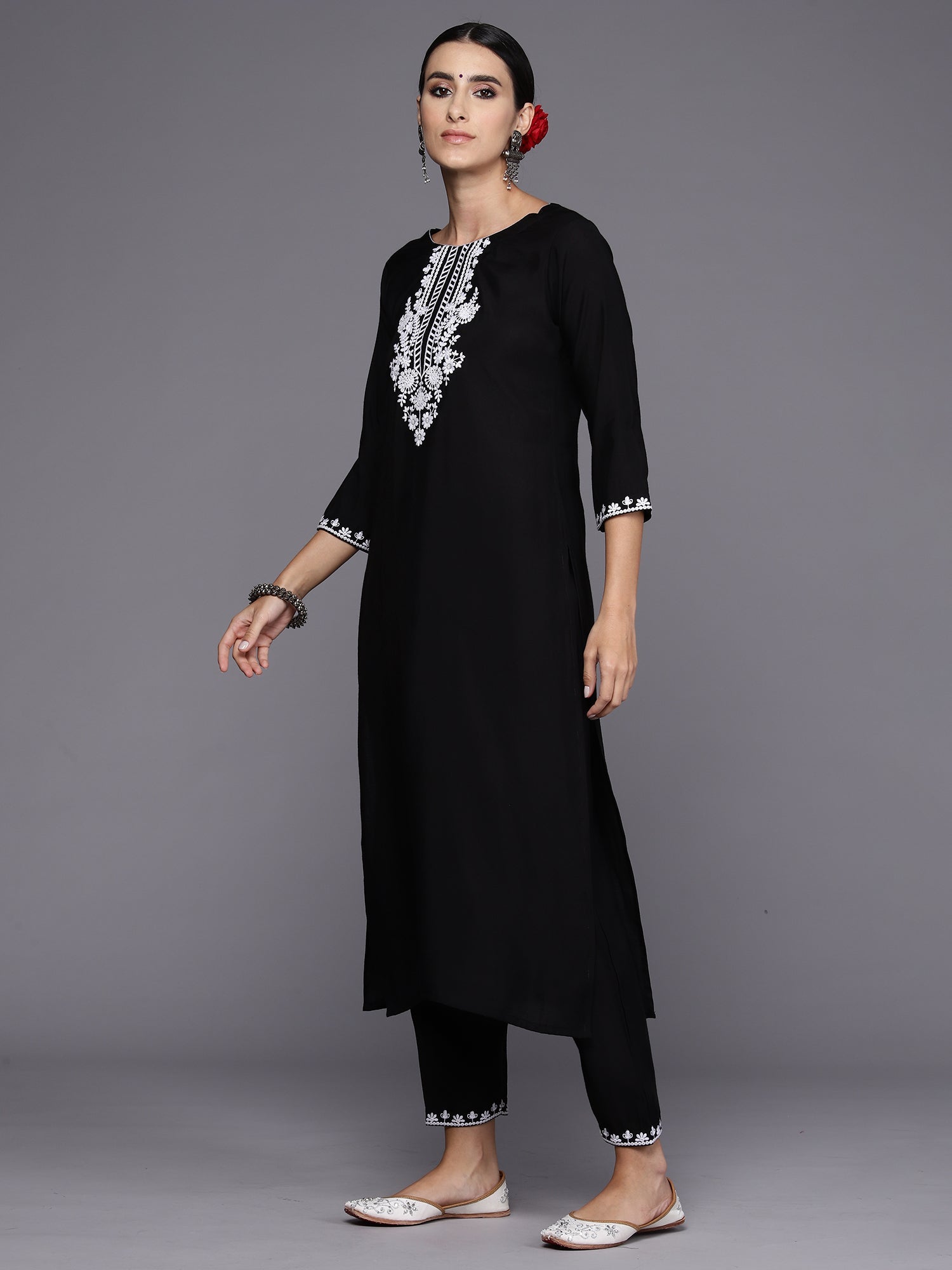 Women Black Embroidered Straight Kurta Trousers With Dupatta Set WomensFashionFun