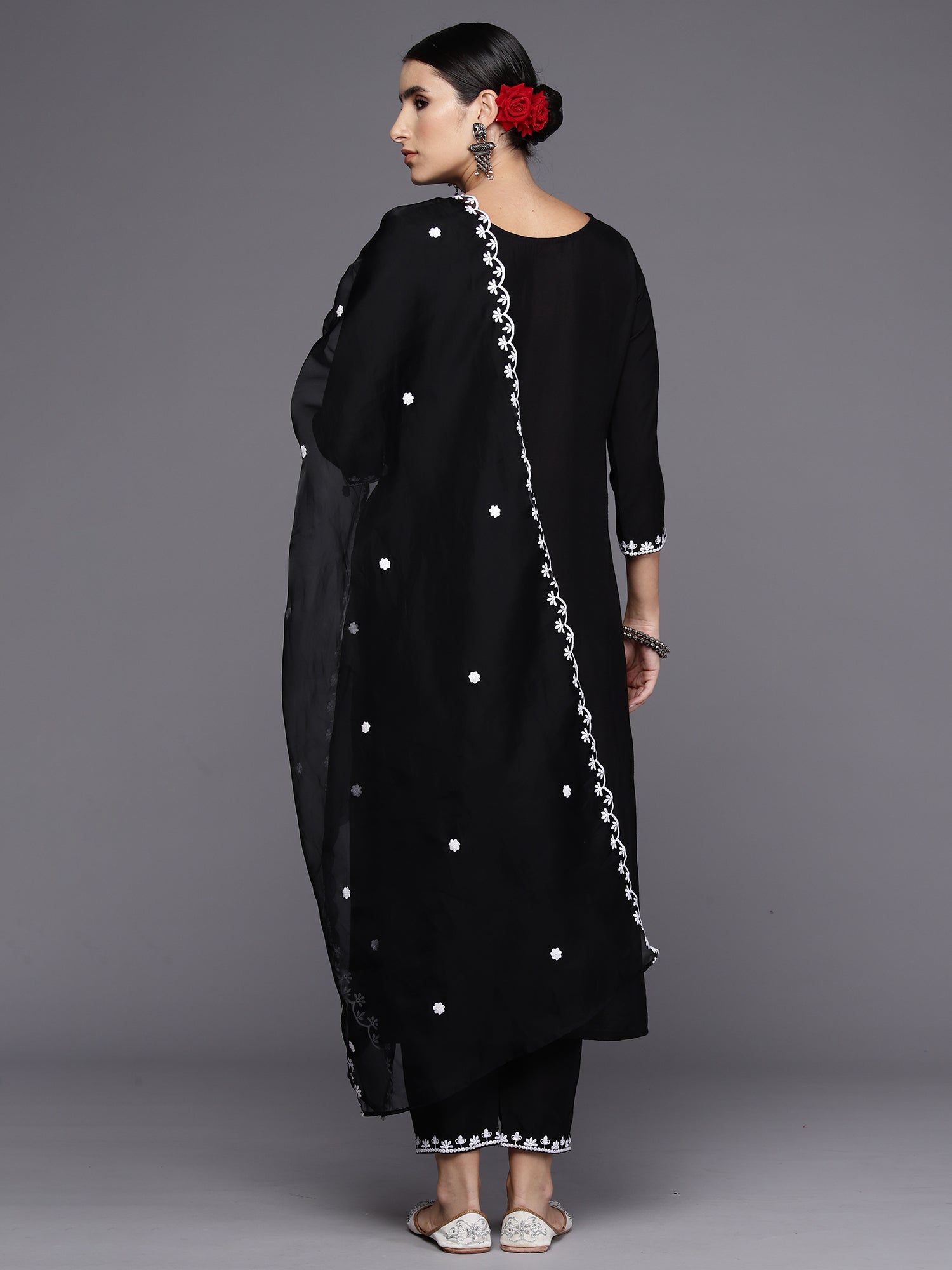 Women Black Embroidered Straight Kurta Trousers With Dupatta Set WomensFashionFun