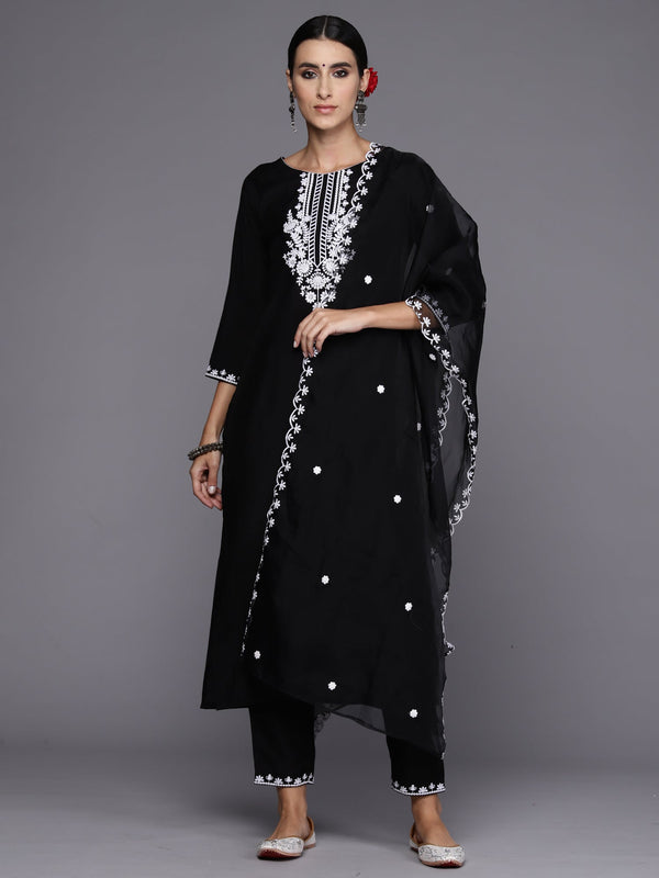 Women Black Embroidered Straight Kurta Trousers With Dupatta Set WomensFashionFun