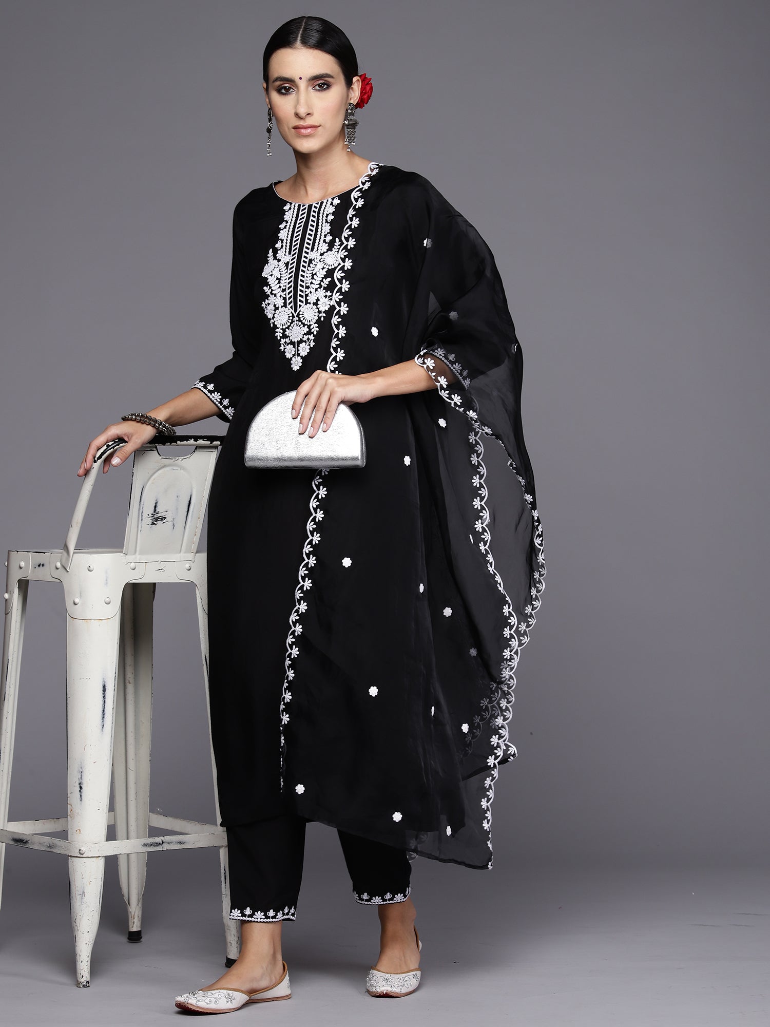 Women Black Embroidered Straight Kurta Trousers With Dupatta Set WomensFashionFun