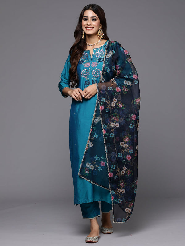 Women Teal Embroidered Straight Kurta Trousers With Dupatta Set WomensFashionFun