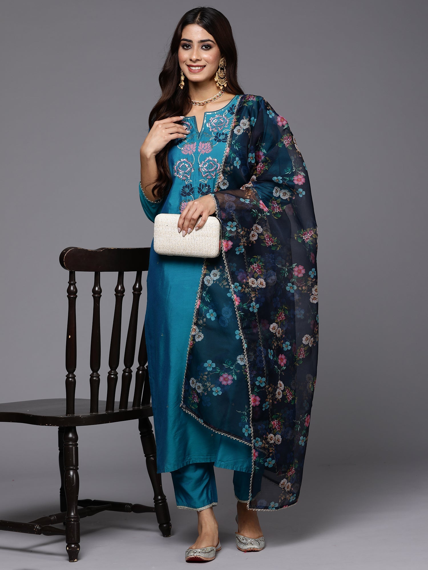 Women Teal Embroidered Straight Kurta Trousers With Dupatta Set WomensFashionFun