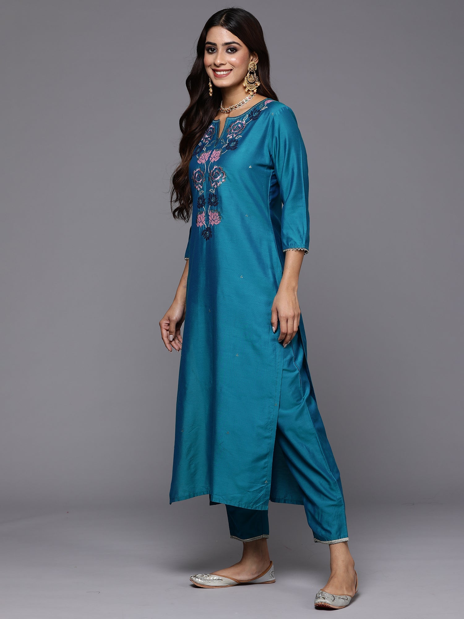 Women Teal Embroidered Straight Kurta Trousers With Dupatta Set WomensFashionFun