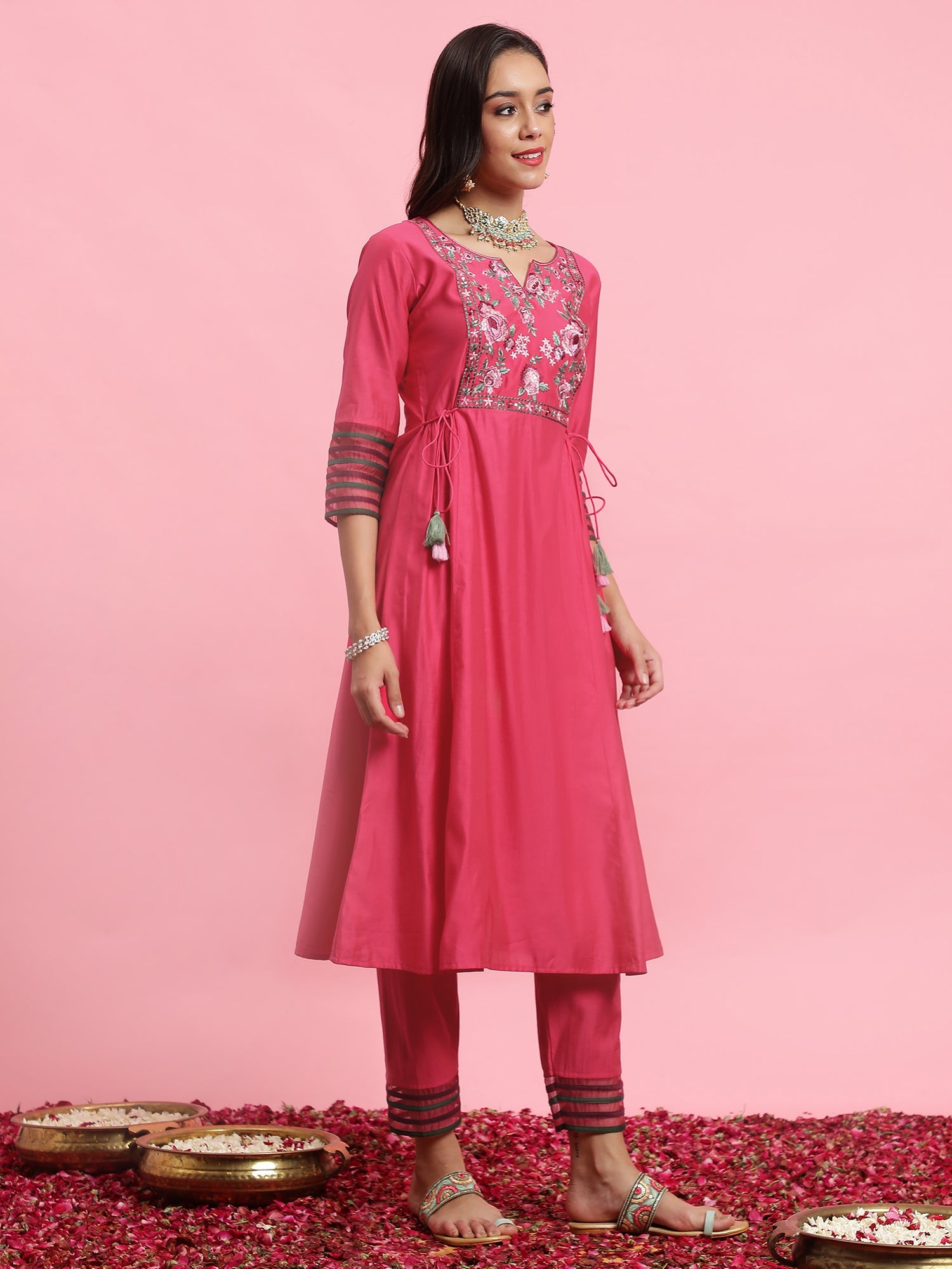 Women Pink Embroidered A-Line Kurta Trousers Set WomensFashionFun