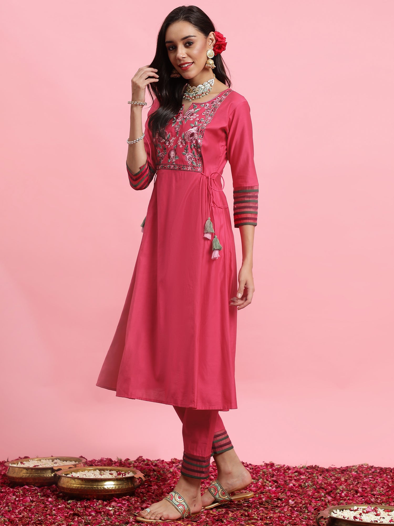 Women Pink Embroidered A-Line Kurta Trousers Set WomensFashionFun